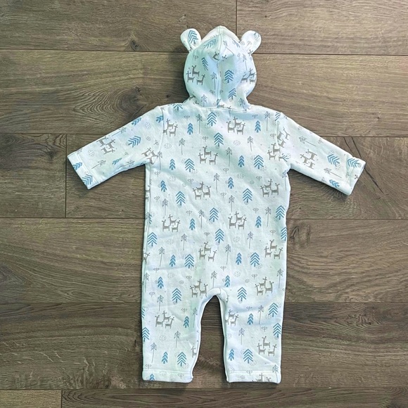 Feather Baby Woodland Deer and Trees Pima Cotton 3-6m Hooded Coverall Romper - Picture 2 of 6